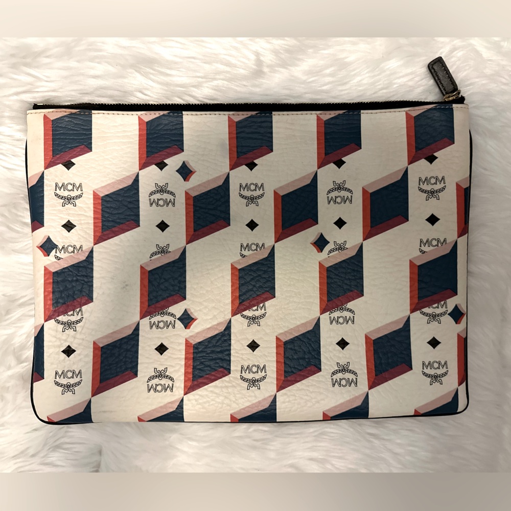 AUTH MCM Large Monogram Clutch Pouch White Blue Pink Red